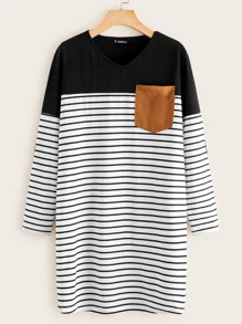 SHEIN LUNE Plus Patch Pocket Contrast Elbow Patch Striped Dress - Black and White - View 1
