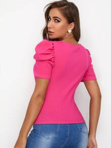 SHEIN Clasi Camiseta tejida de canalé de manga farol de cuello V - Rosa - Ver 2