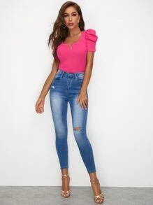 SHEIN Clasi Camiseta tejida de canalé de manga farol de cuello V - Rosa - Ver 4