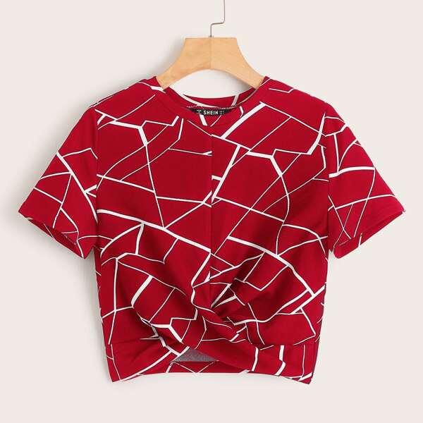 

Plus Cross Wrap Geo Print Top, Red
