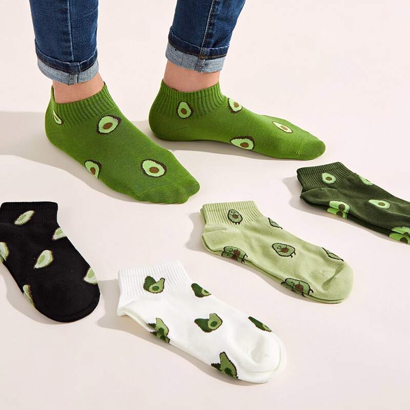 

5pairs Avocado Pattern Ankle Socks, Multicolor