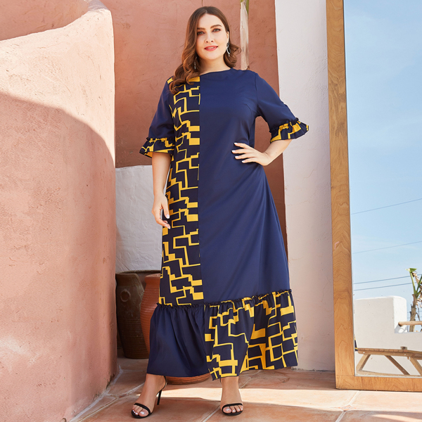 

Plus Contrast Geo Print Flounce Sleeve Smock Dress, Navy blue