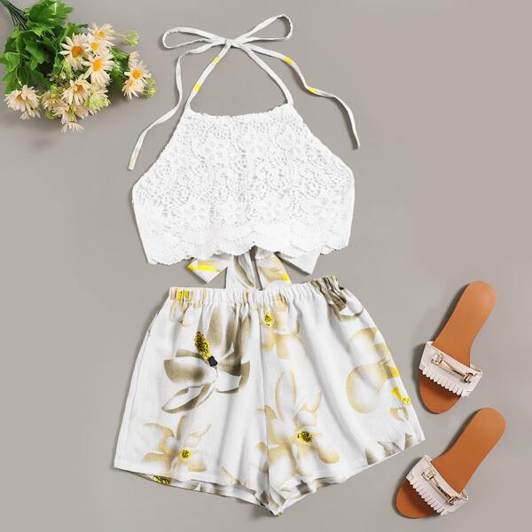 

Guipure Lace Tie Back Halter Top & Floral Shorts, White