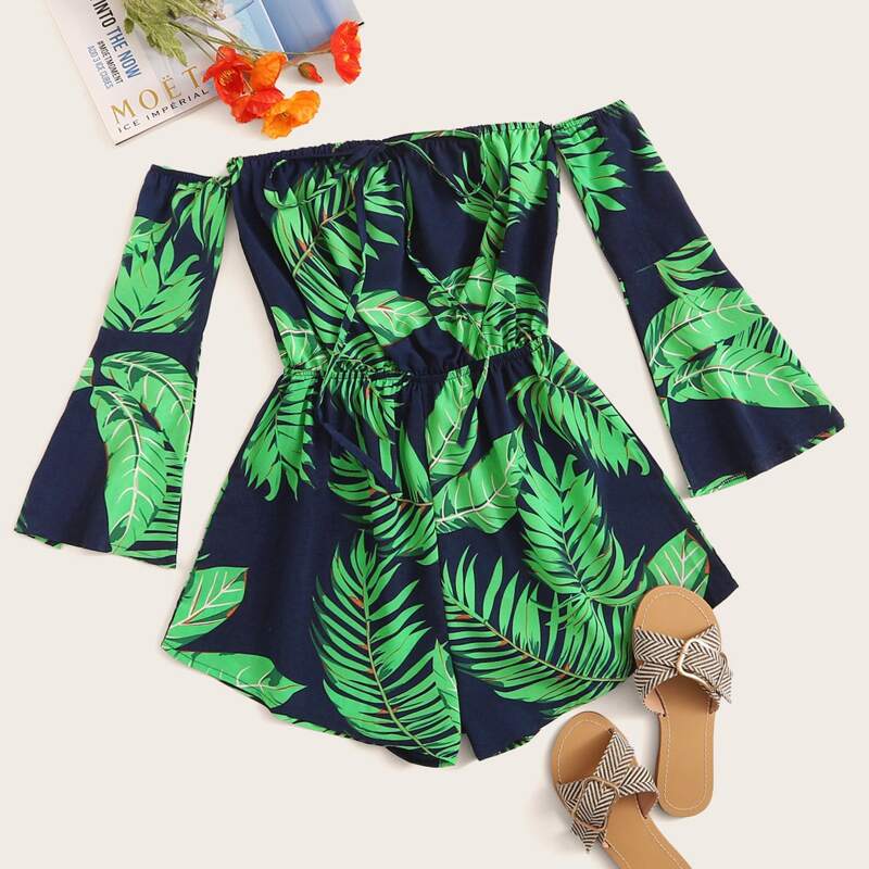

Off The Shoulder Tie Front Tropical Print Romper, Navy blue