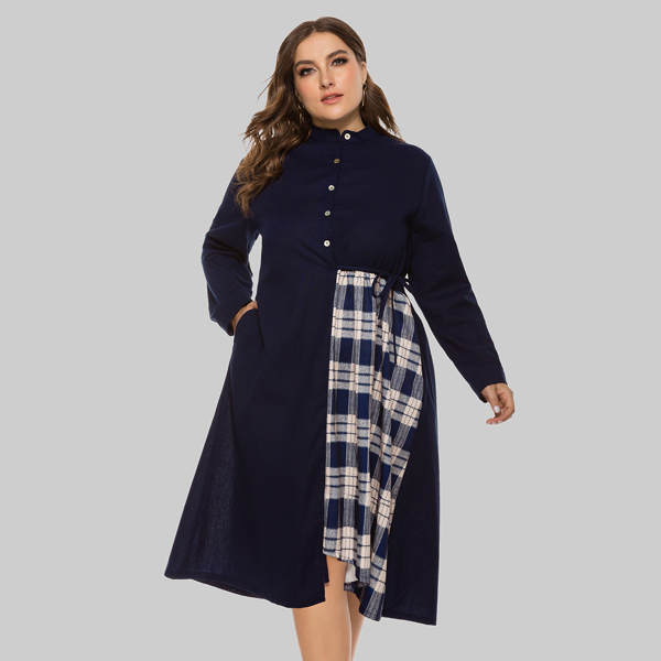 

Plus Contrast Plaid Tie Side Shirt Dress, Navy blue