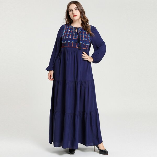 

Plus Tribal Embroidered Tie Neck Babydoll Dress, Navy blue