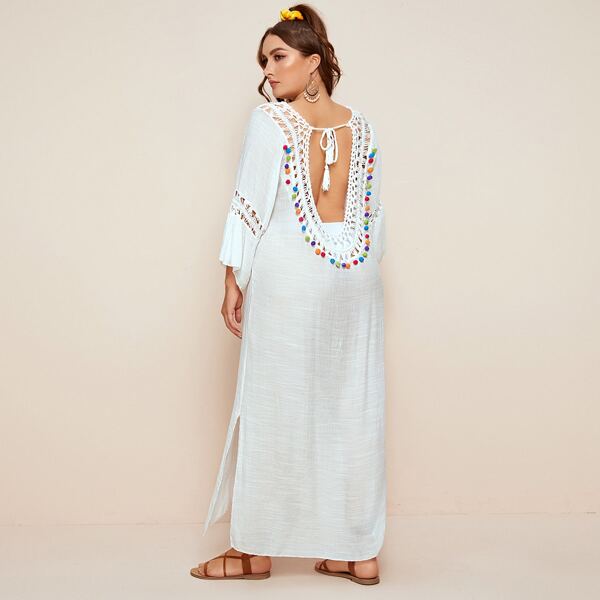 

Plus Crochet Pompom Trim Longline Cover Up, White