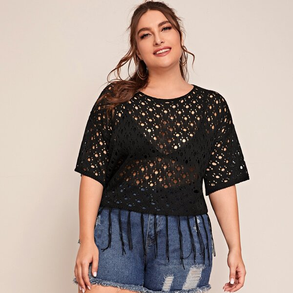 

Plus Hollow Out Fringe Hem Sheer Top, Black