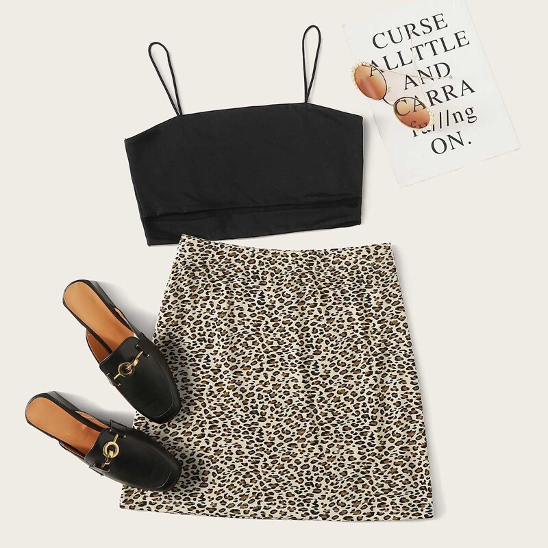 

Crop Cami Top & Leopard Skirt Set, Multicolor