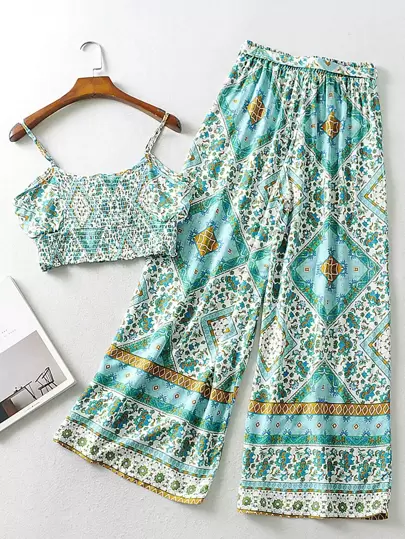 幾何学模様プリントパネル シャードキャミソール ＆ ベルト パンツ