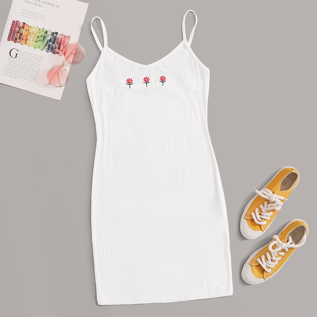 

Floral Embroidered Detail Cami Dress, White