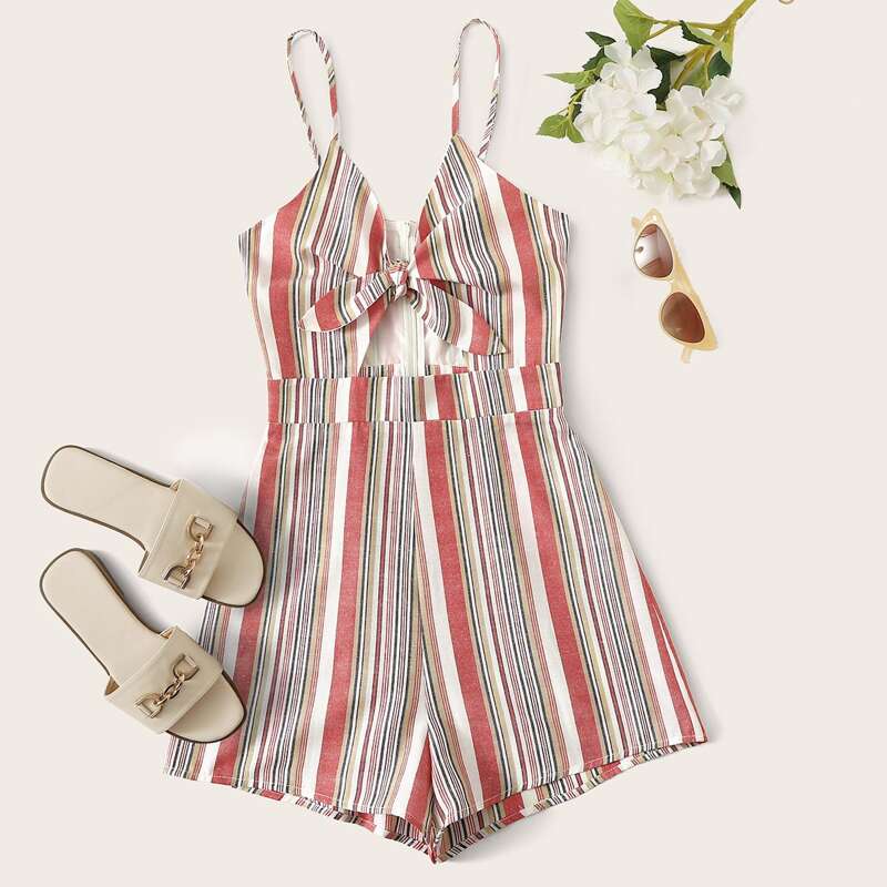 

Knot Front Peekaboo Striped Slip Romper, Multicolor