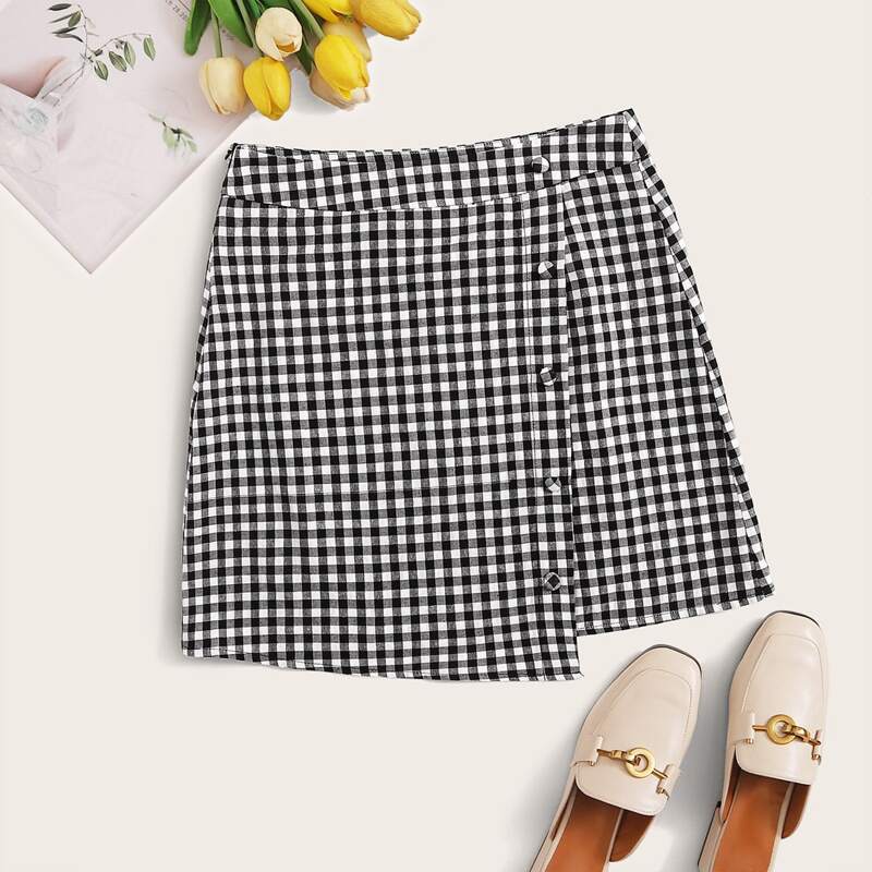 

Button Front Buffalo Plaid Asymmetrical Skirt, Black and white