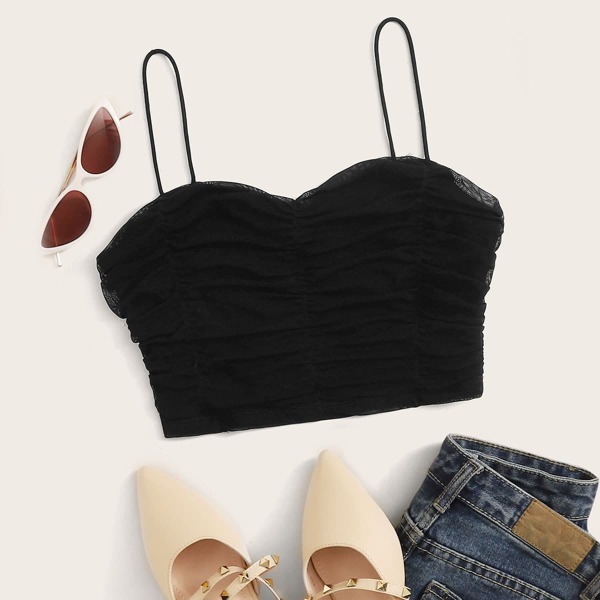 

Ruched Mesh Cami Top, Black