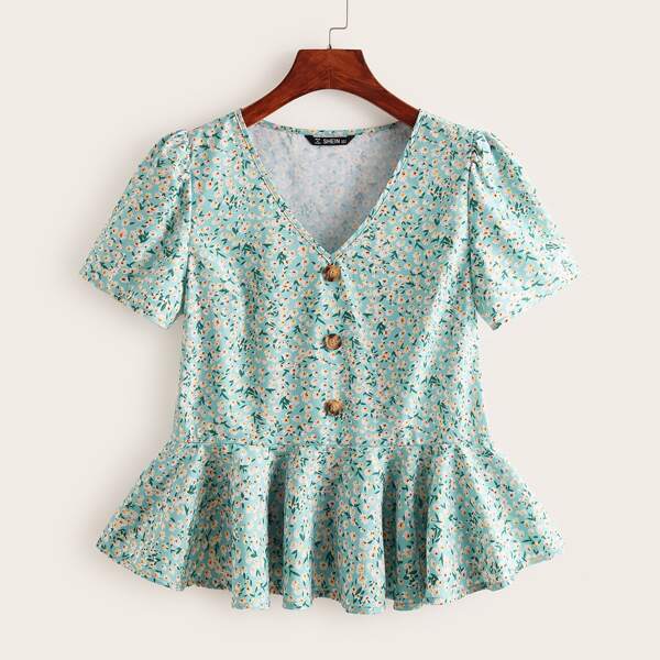 

Buttoned Front Ditsy Floral Peplum Top, Green