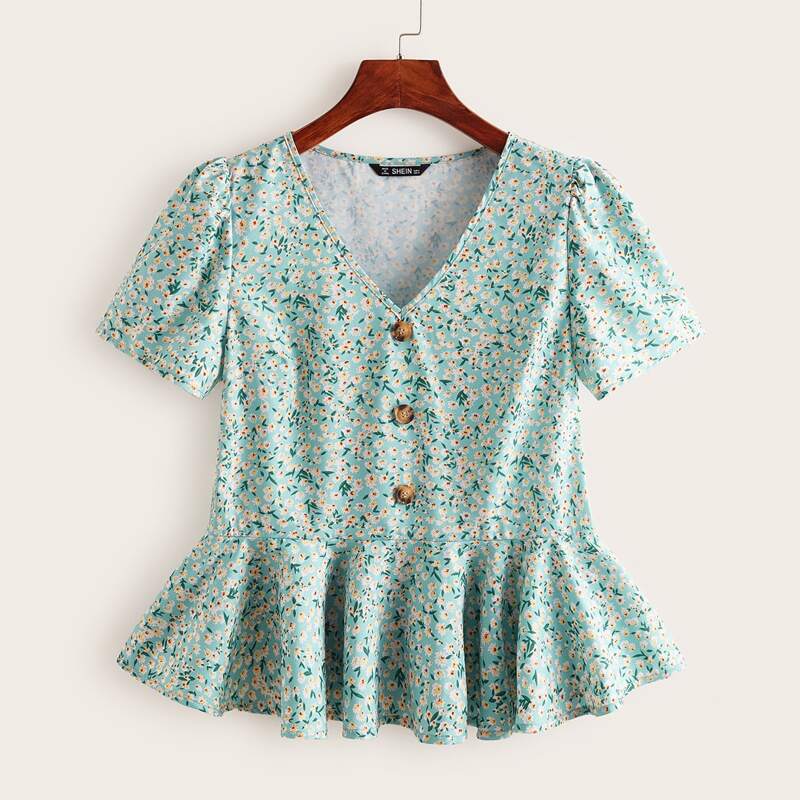 

Ditsy Floral Peplum Top, Green