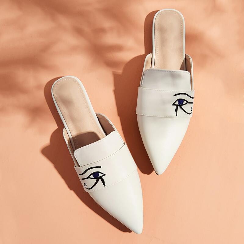 

Point Toe Embroidered Loafers Mules, White
