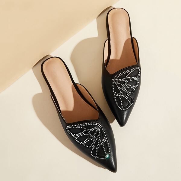 

Rhinestone Decor Butterfly Design Flat Mules, Black