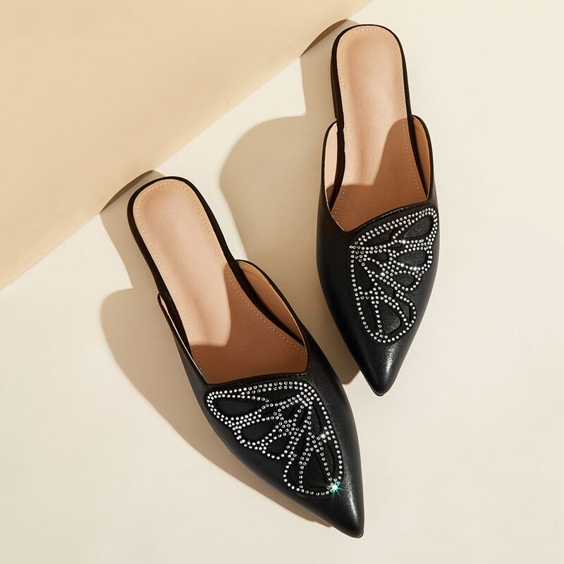

Rhinestone Decor Butterfly Design Flat Mules, Black