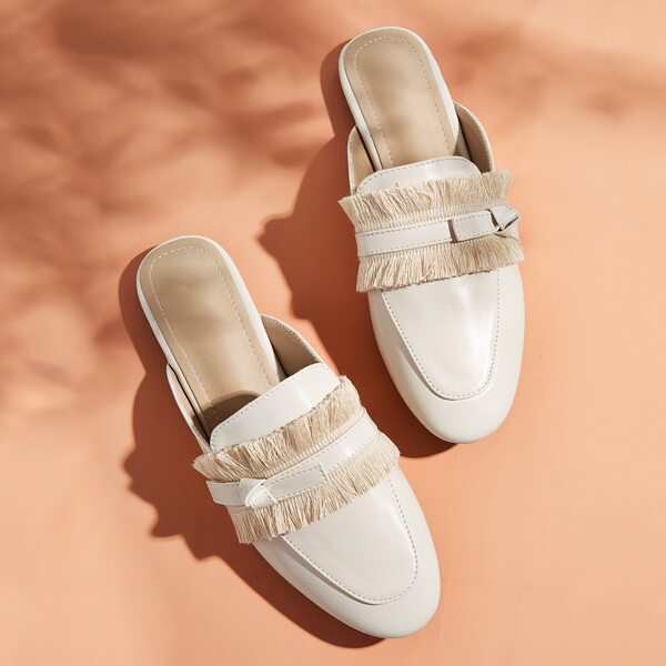 

Fringe Trim Knot Decor Loafers Mules, White