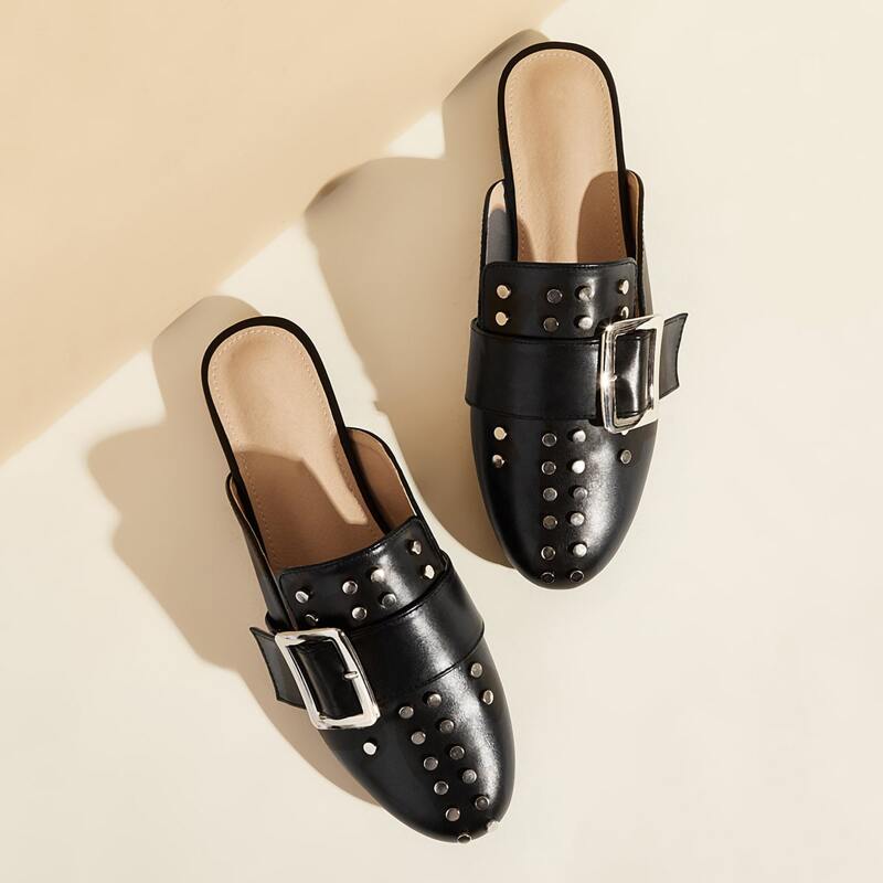 

Buckle Decor Studded Flat Mules, Black