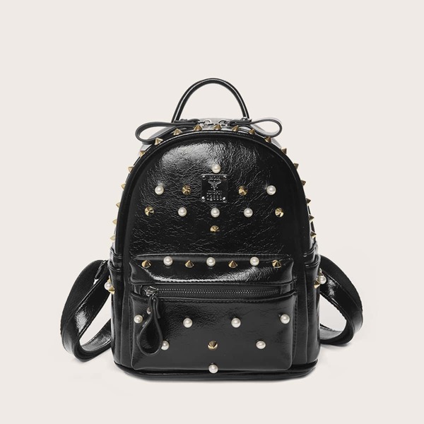 

Faux Pearl & Spiked Decor Backpack, Black