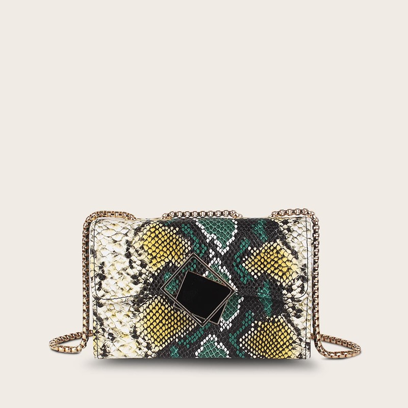 

Metal Lock Snakeskin Chain Crossbody Bag, Multicolor