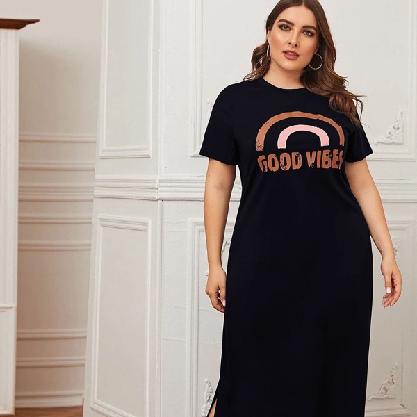 

Plus Split Side Letter Graphic Tee Dress, Black