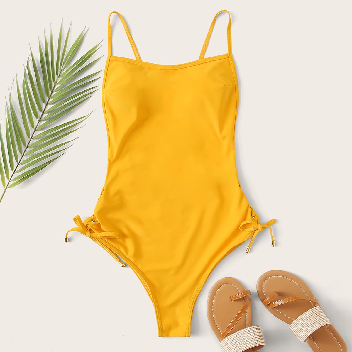 

Lace Up Side One Piece Swimsuit, Yellow