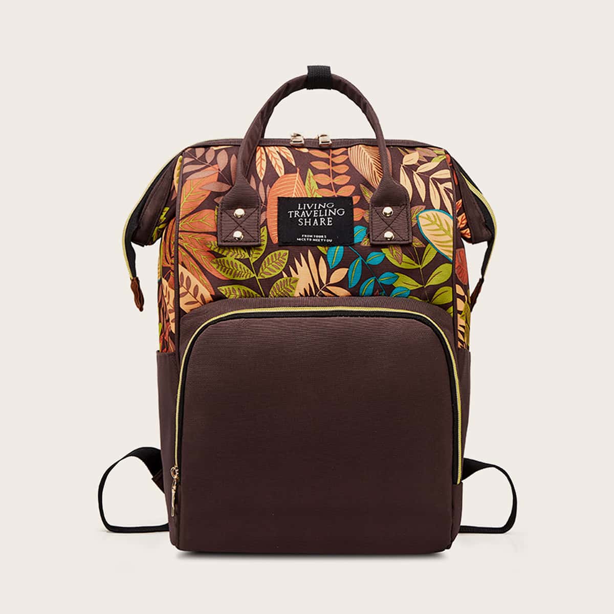 

Leaf Print Pocket Front Backpack, Brown