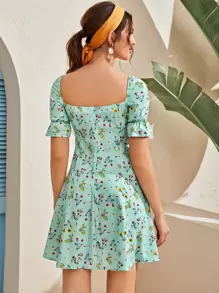 花卉圖案荷葉邊袖a型連衣裙 - 綠色 - 查看 2