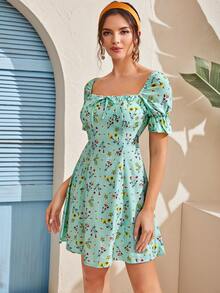 花卉圖案荷葉邊袖a型連衣裙 - 綠色 - 查看 4