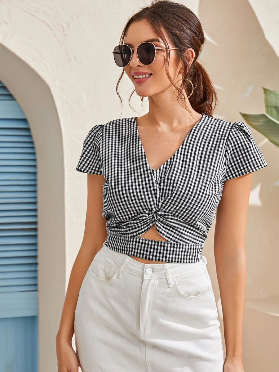 Camisa con abertura de guingán girante delantero - Blanco y Negro - Ver 1