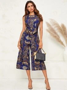 GENKIRA Mixed Print Self Tie Culottes Jumpsuit - Navy Blue - View 1