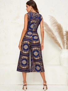 GENKIRA Mixed Print Self Tie Culottes Jumpsuit - Navy Blue - View 2
