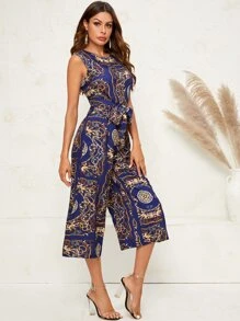 GENKIRA Mixed Print Self Tie Culottes Jumpsuit - Navy Blue - View 4