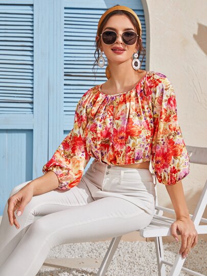 Bishop Sleeve Floral Print Crop Blouse