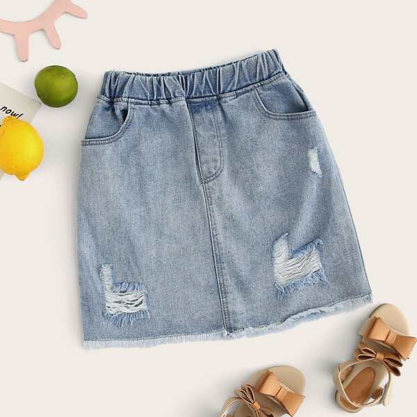 

Toddler Girls Ripped Raw Hem Denim Skirt, Blue pastel