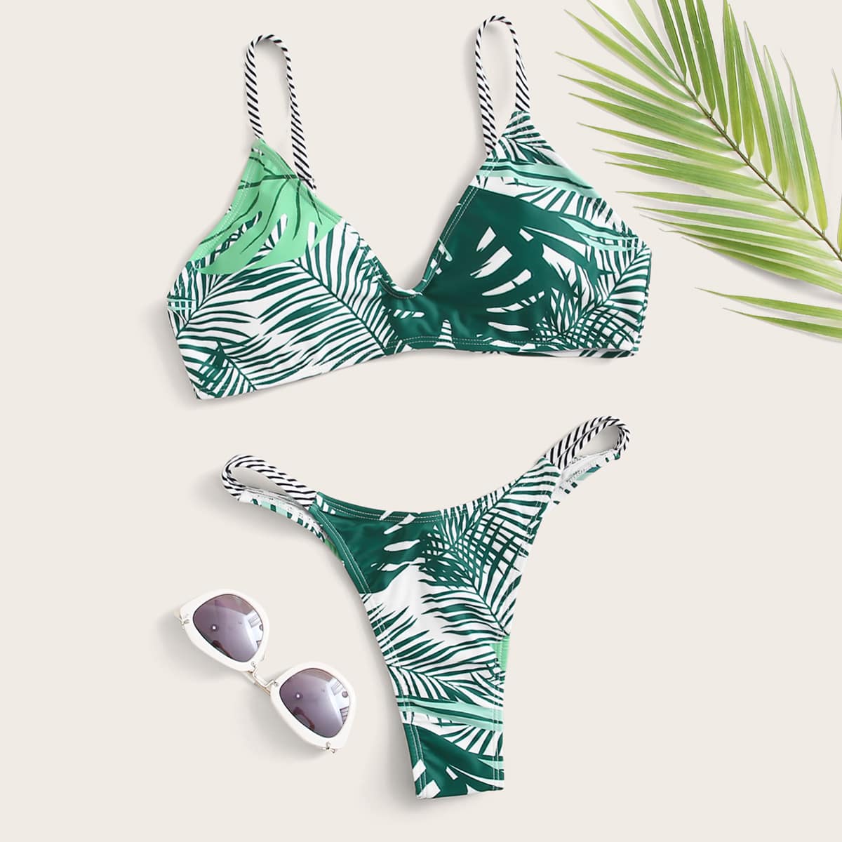 

Tropical Print Triangle Thong Bikini Swimsuit, Multicolor