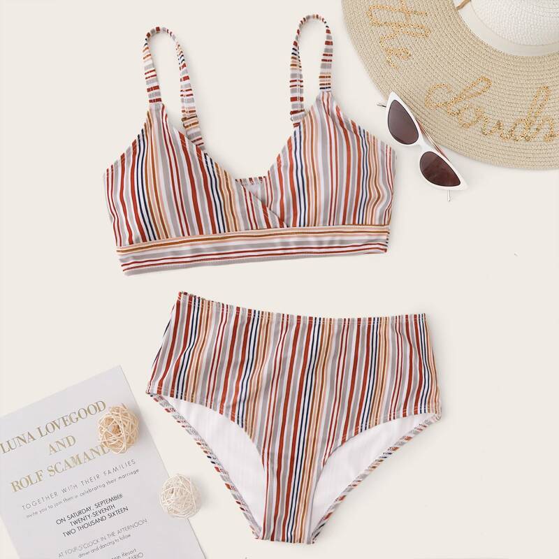 

Multi-Striped Surplice Neck Panty Bikini Swimsuit, Multicolor