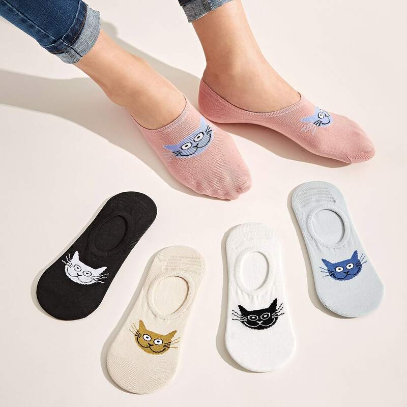

5pairs Cat Pattern Ankle Socks, Multicolor