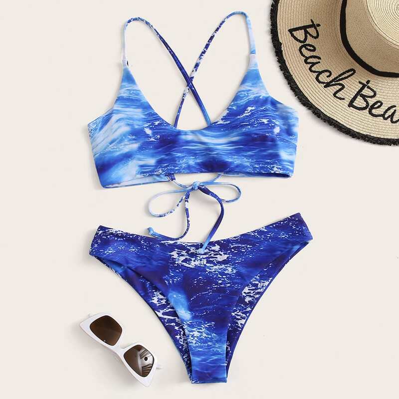 

Sea Wave Print Tie Back Bikini Swimsuit, Blue