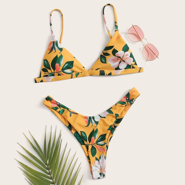 

Floral Triangle High Cut Bikini Swimsuit, Multicolor