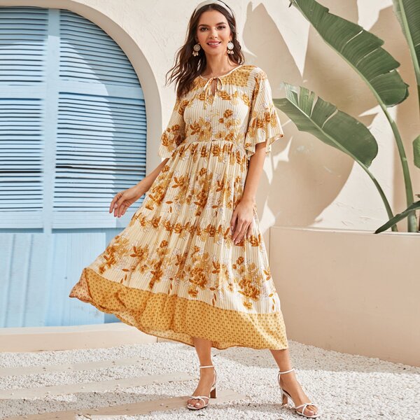 

Floral Striped Print Tie Neck Dress, Yellow