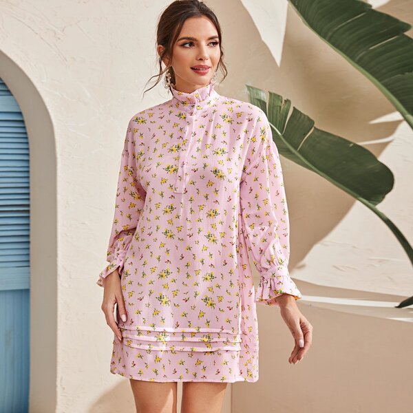 

Floral Print Ruffle Neck Tunic Dress, Pink