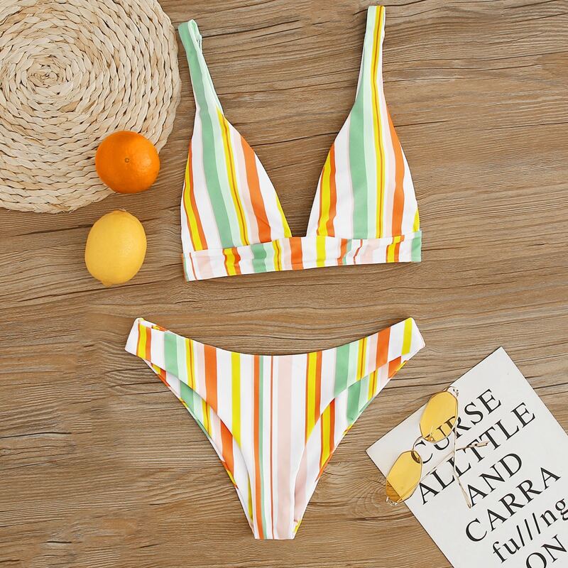 

Colorful Striped Triangle Bikini Swimsuit, Multicolor