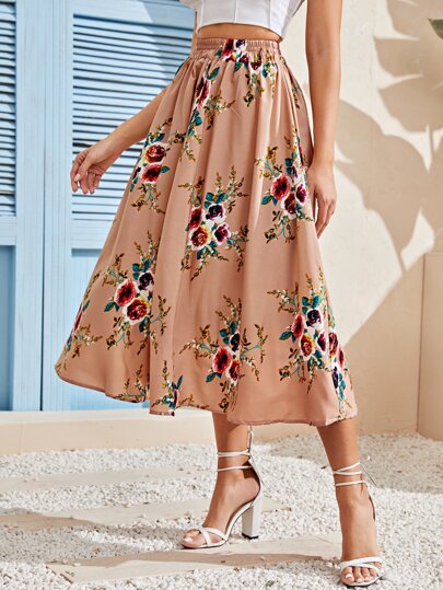 Floral Print Elastic Waist Skirt