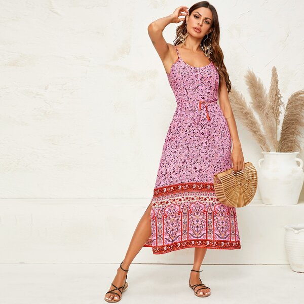 

Ditsy Floral Belted Side Split Cami Dress, Pink