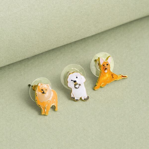 

3pairs Fluffy Dogs Stud Earrings, Multicolor