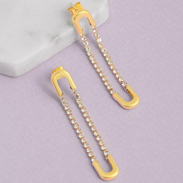 

1pair Rhinestone Loop Stud Back Earrings, Gold